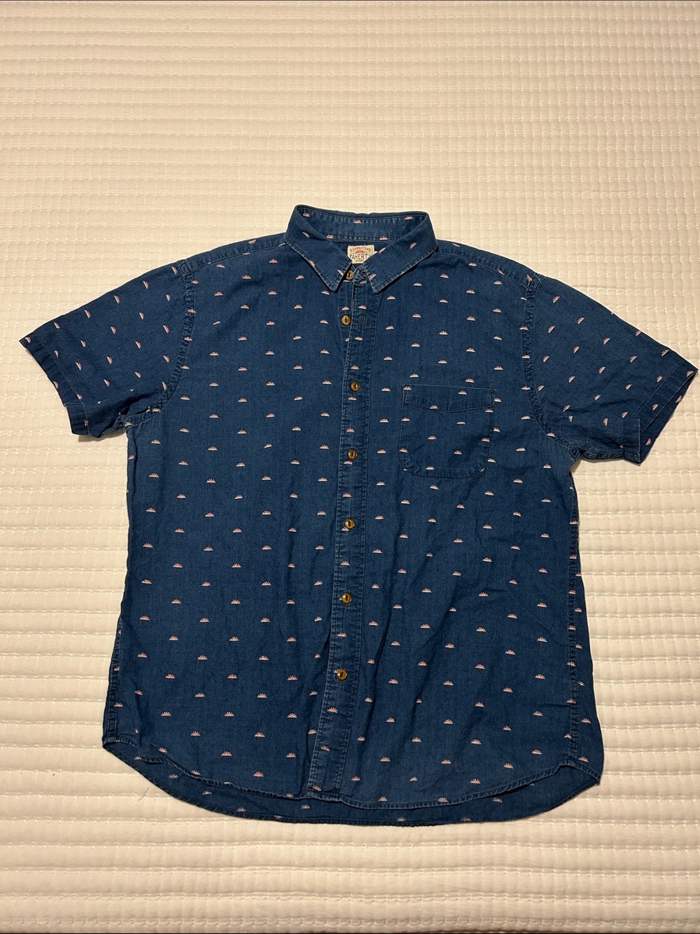 Faherty Navy Short-Sleeve Button-Down with Pink Micro Print